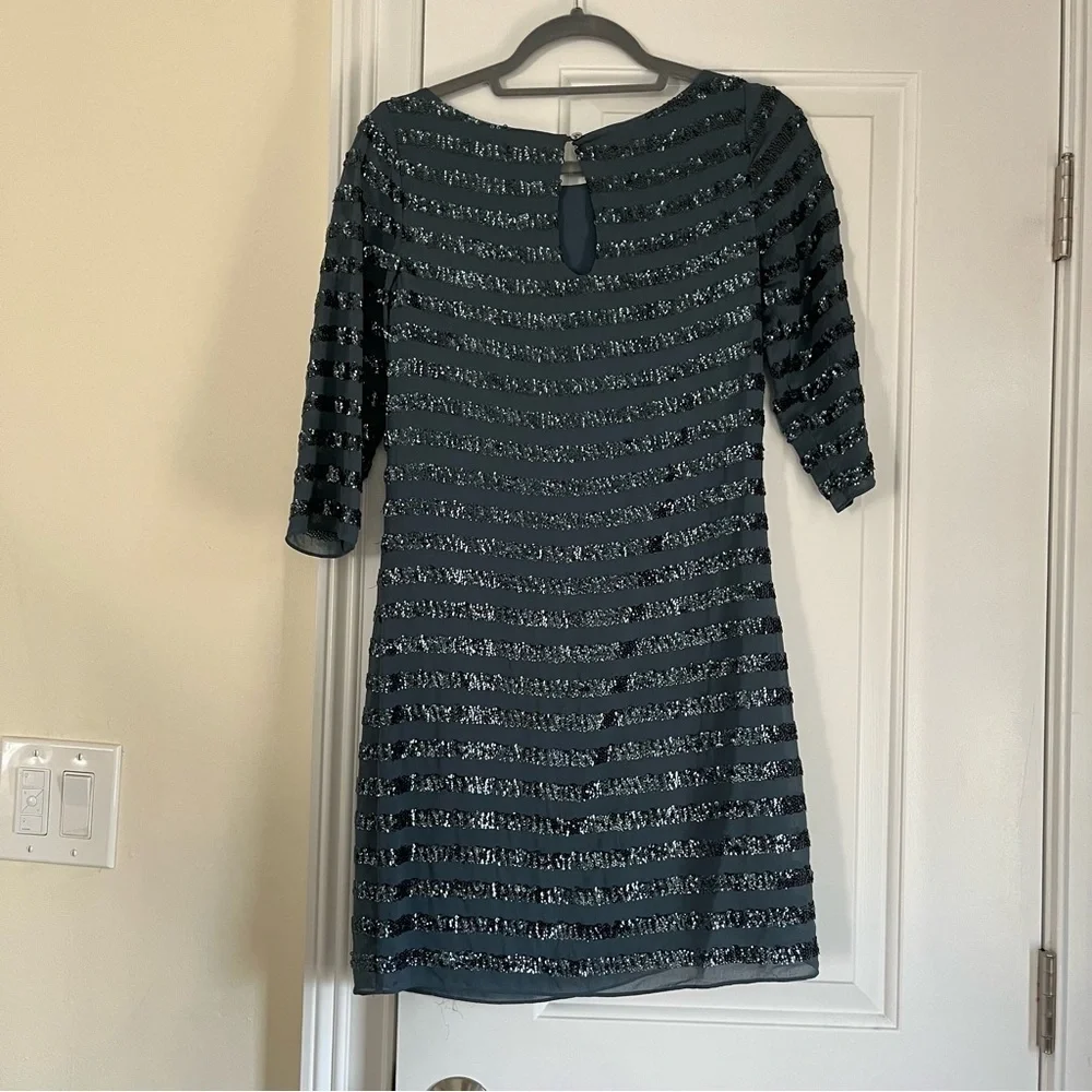 Alice and Olivia | Navy Blue 100%Silk and Striped Sequin Dress Size XS